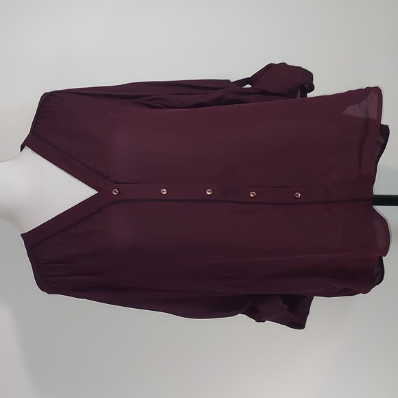Vince Burgundy Tipped Slim Silk Button-Up L/S Roll-Tab Blouse Size Large NWT - Picture 4 of 11